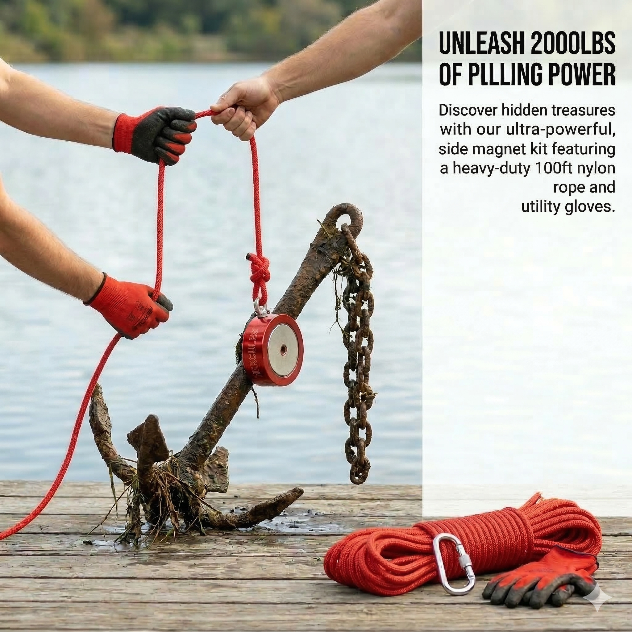 2000lb Double Sided Magnet Fishing Kit w/ 100ft Nylon Rope, Carabiner & Gloves