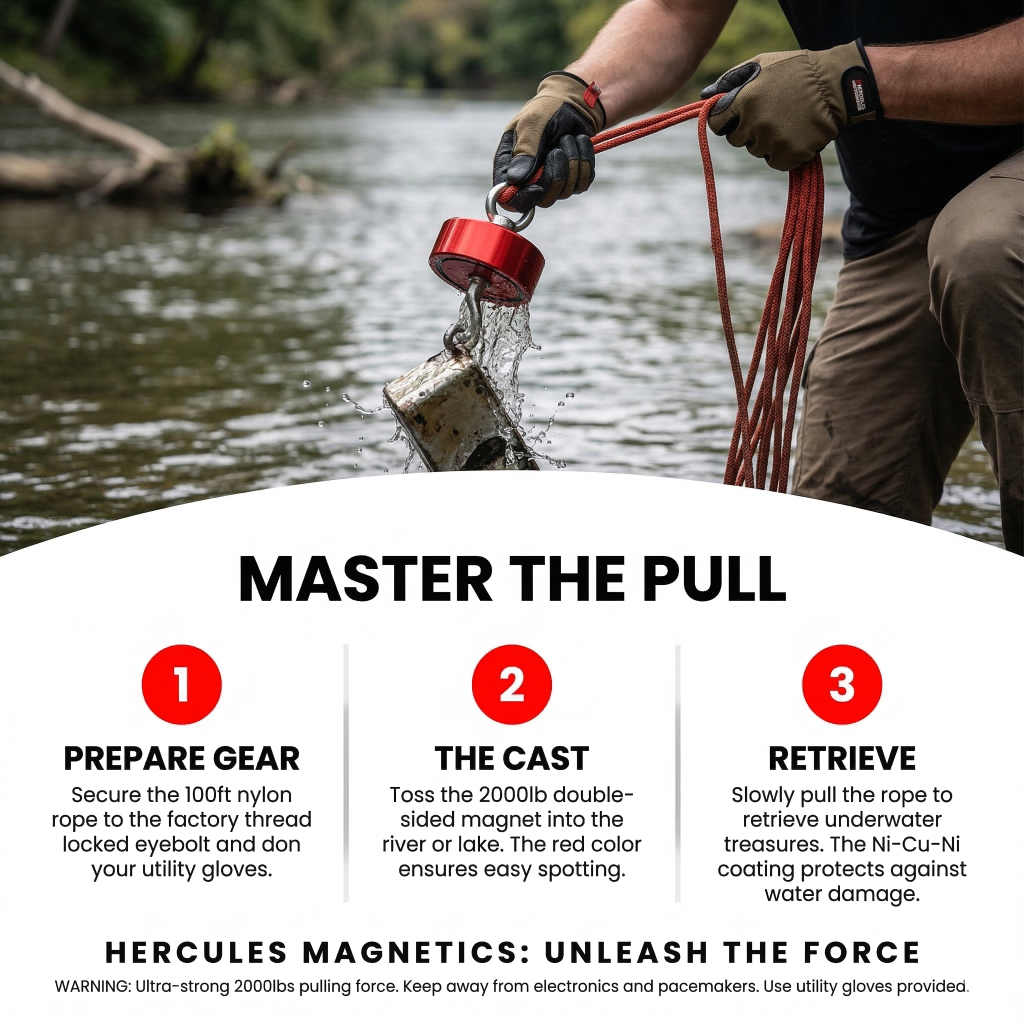 2000lb Double Sided Magnet Fishing Kit w/ 100ft Nylon Rope, Carabiner & Gloves