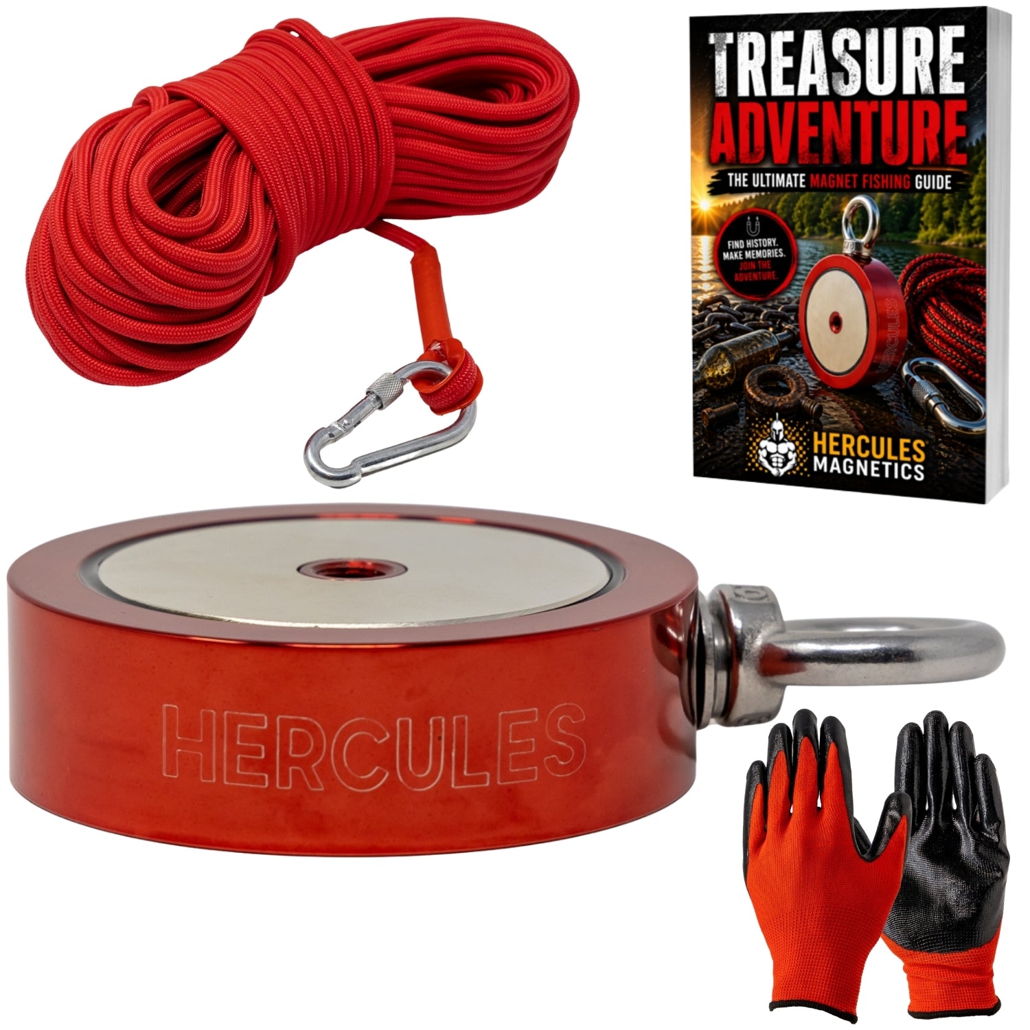 2000lb Double Sided Magnet Fishing Kit w/ 100ft Nylon Rope, Carabiner & Gloves with Free Magnet Fishing Guide Book