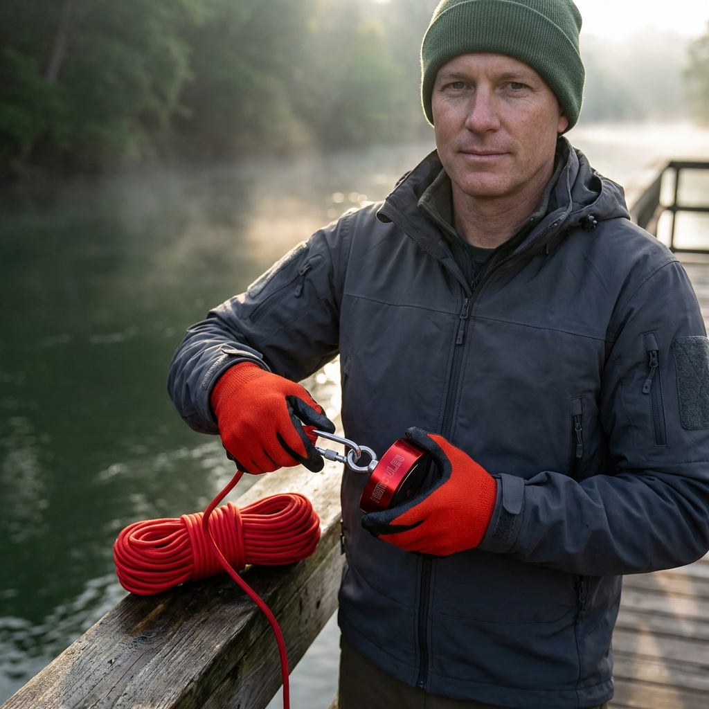 2000lb Double Sided Magnet Fishing Kit w/ 100ft Nylon Rope, Carabiner & Gloves